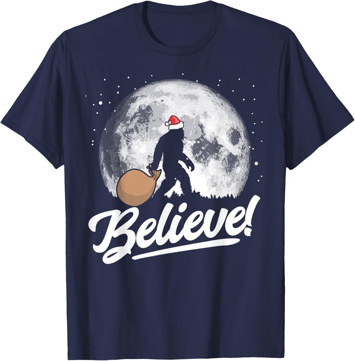 Believe! Santa Bigfoot Christmas Snow & Moon Night Graphic T-Shirt - T-Shirt | Navy