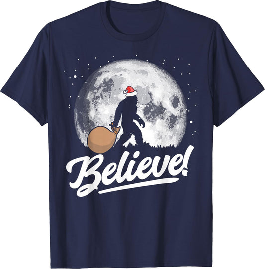 Believe! Santa Bigfoot Christmas Snow & Moon Night Graphic T-Shirt - T-Shirt | Navy