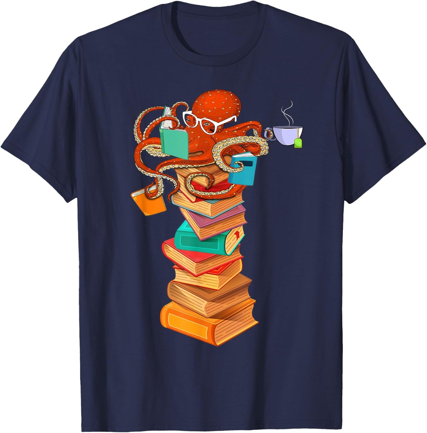 Reading Octopus Tea Coffee Book Lover Bookworm Reader Funny T-Shirt - T-Shirt | Navy