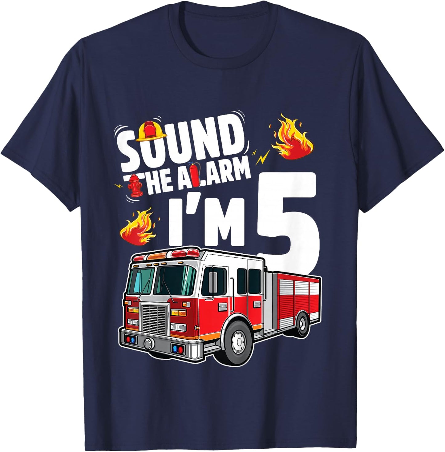 Fire Truck 5th Birthday Boy Firefighter 5 Year Old T-Shirt - T-Shirt | Navy