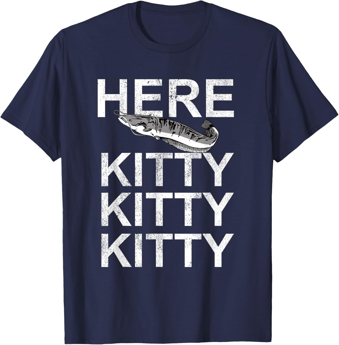 Here Kitty | Cat Fisherman Angler Funny Fishing Lover T-Shirt - T-Shirt | Navy