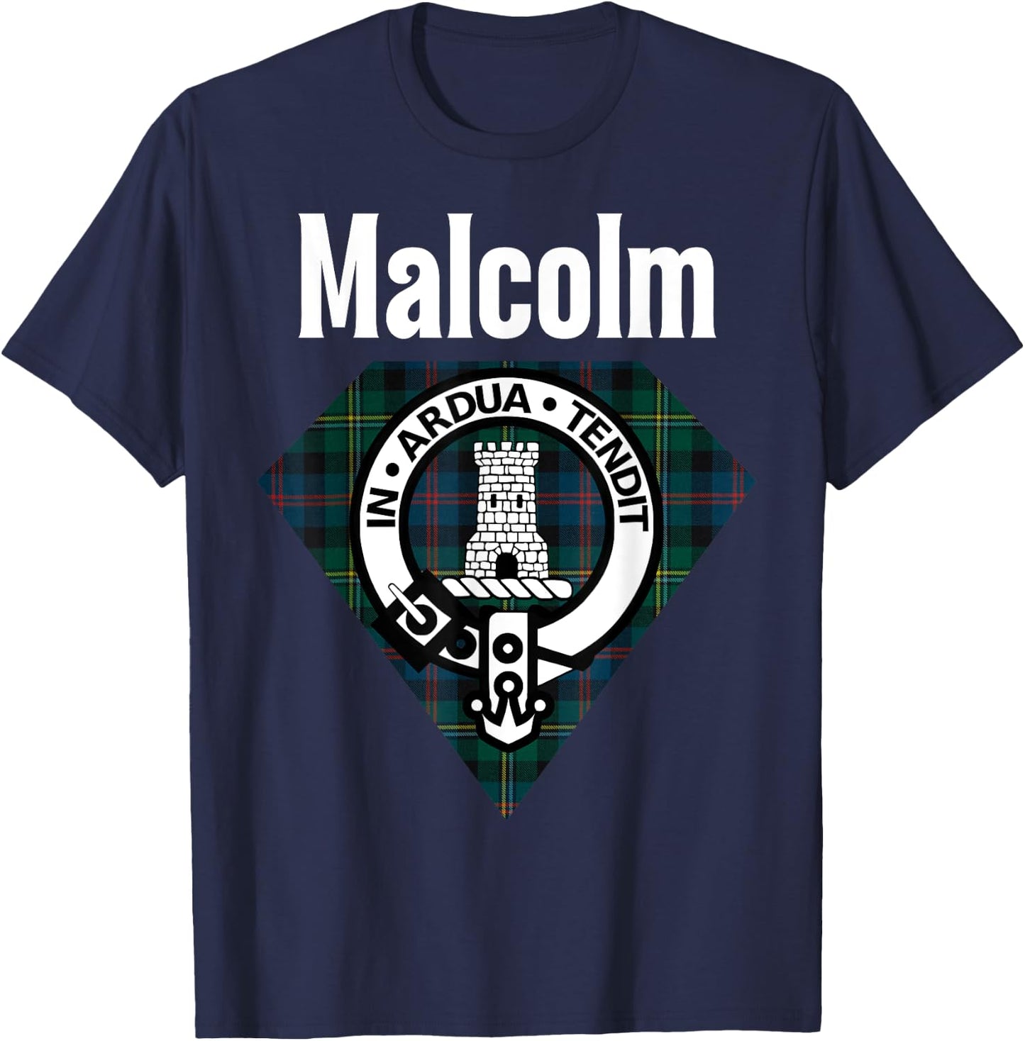 Malcolm Clan Scottish Name Coat Of Arms Tartan T-Shirt - T-Shirt | Navy