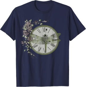 Dragonfly Resting on a Vintage Clock Adorned with Roses T-Shirt - T-Shirt | Navy