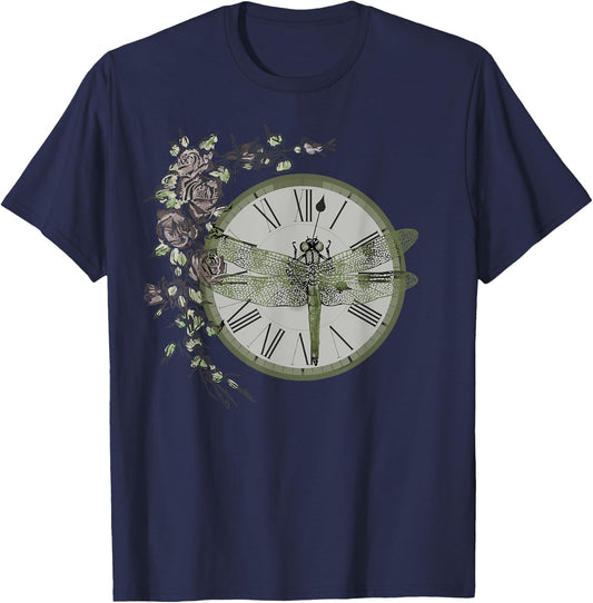 Dragonfly Resting on a Vintage Clock Adorned with Roses T-Shirt - T-Shirt | Navy