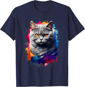 British Shorthair Watercolor Cat - All Ages Cat Lovers T-Shirt - T-Shirt | Navy