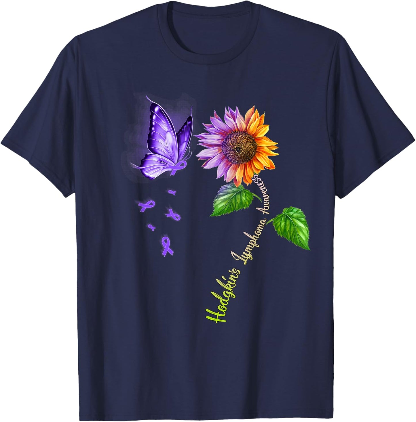 Butterfly Sunflower Hodgkin's Lymphoma Awareness T-Shirt - T-Shirt | Navy