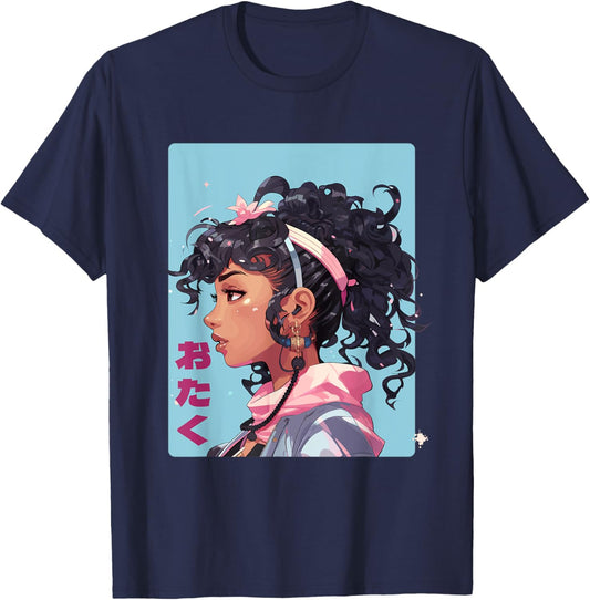 Black Manga Girl Japan Comic Otaku Anime T-Shirt - T-Shirt | Navy