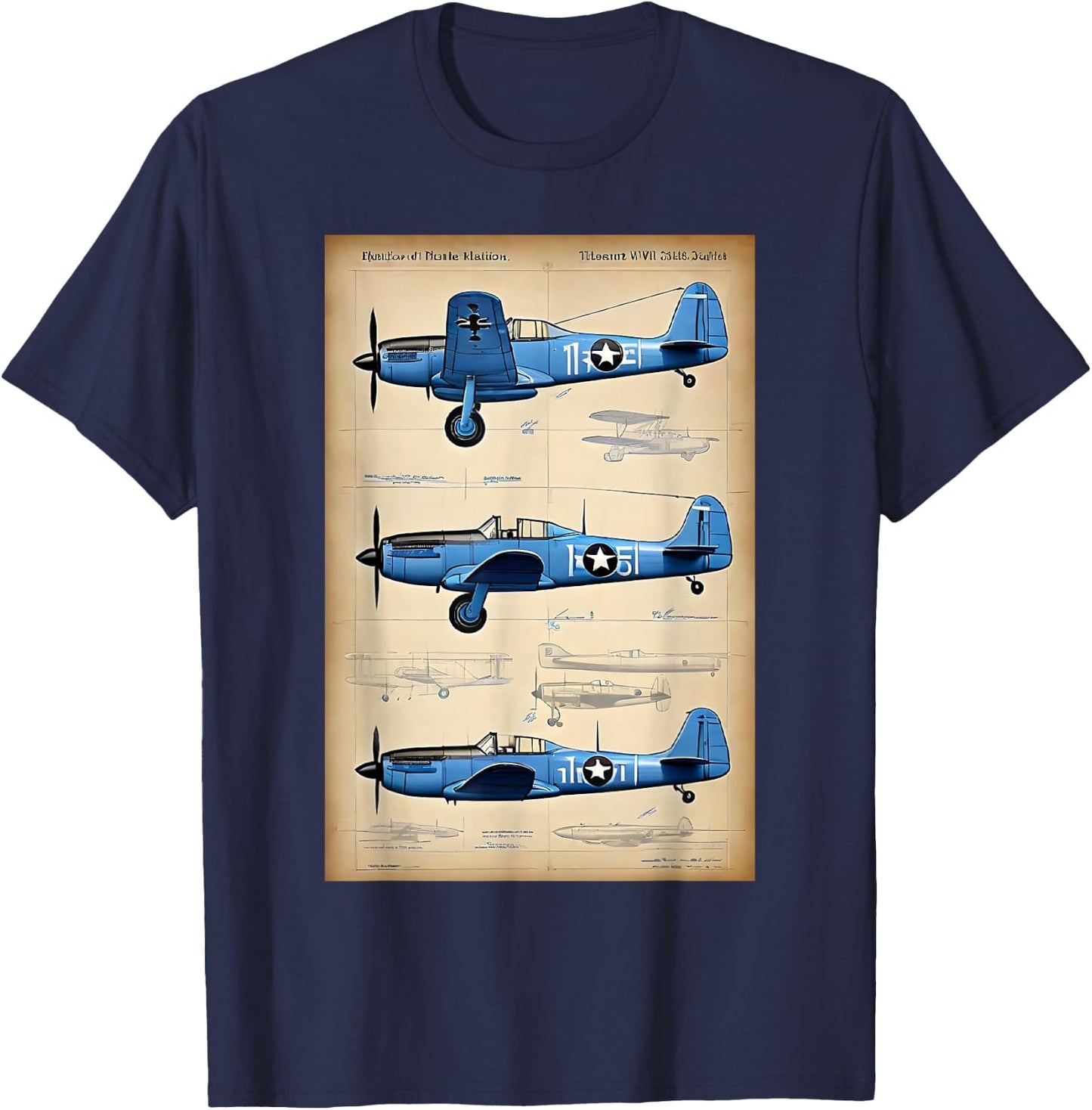 WW2 Military Aircraft Technical Drawing T-Shirt - T-Shirt | Navy