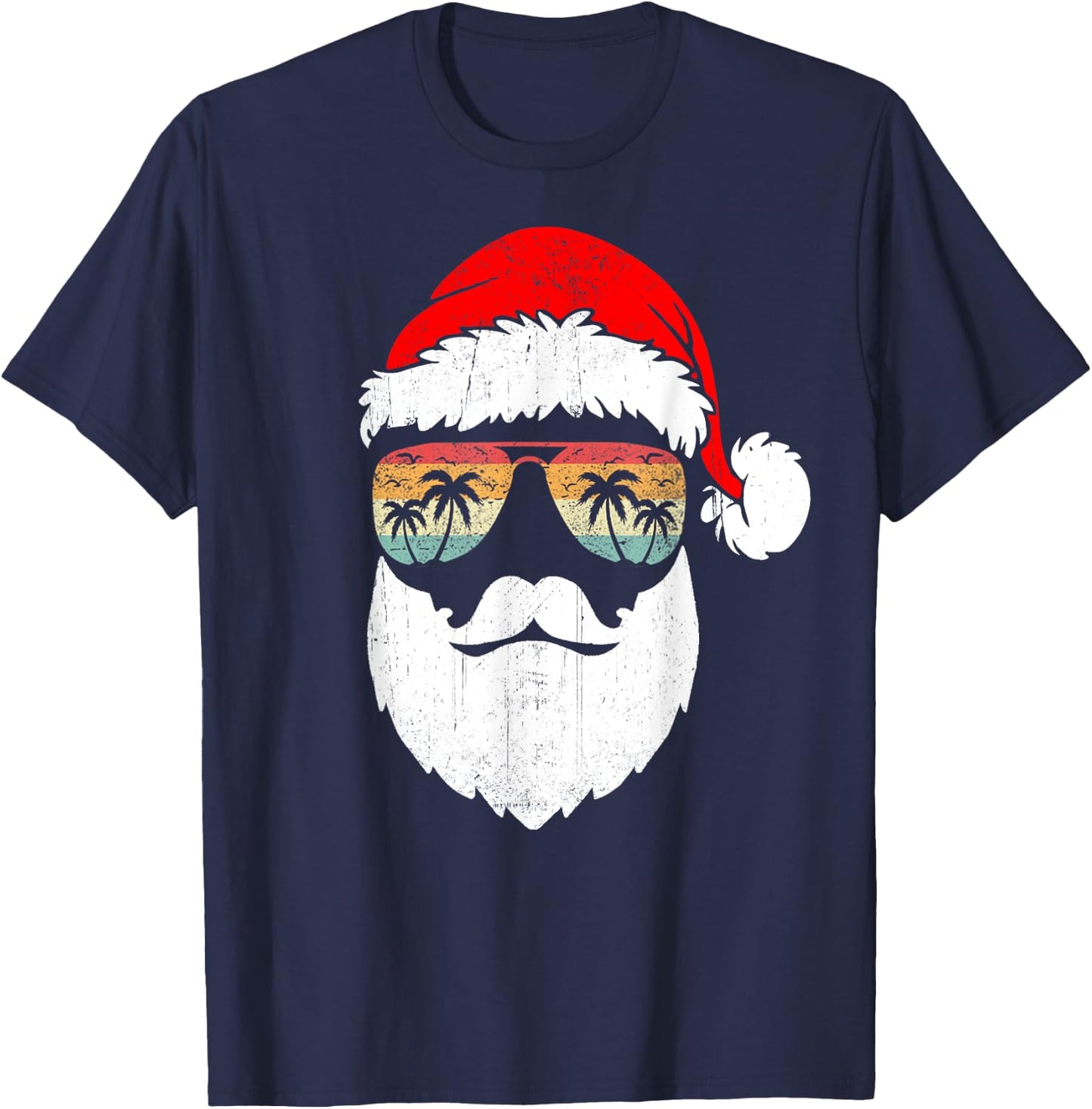 Santa Face Retro Sunglasses Hawaiian Christmas Xmas Tropical T-Shirt - T-Shirt | Navy