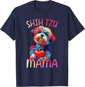 Shih Tzu Dog Lover Mama Heart Pop Art Shih Tzu Mom T-Shirt - T-Shirt | Navy