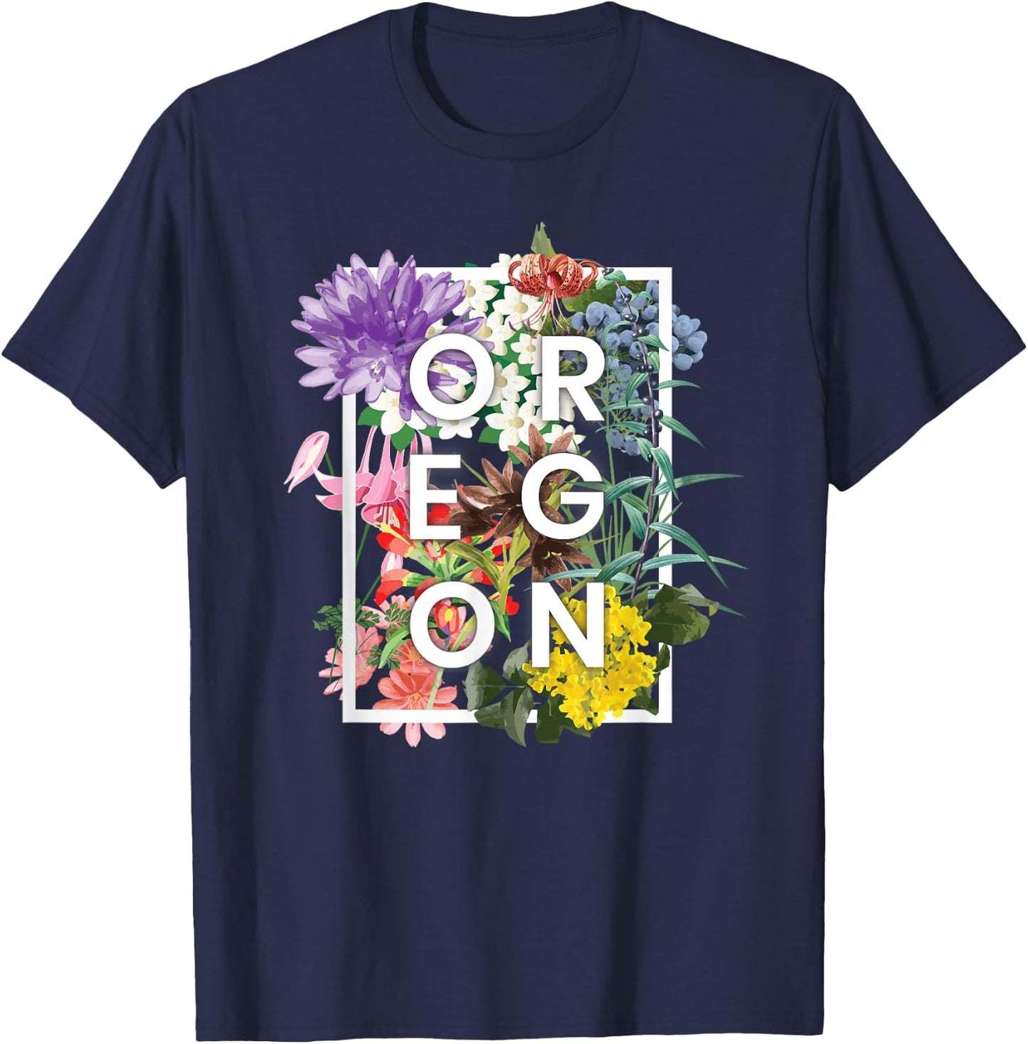 Flowers of Oregon Word Art - Oregon State USA Souvenir T-Shirt - T-Shirt | Navy