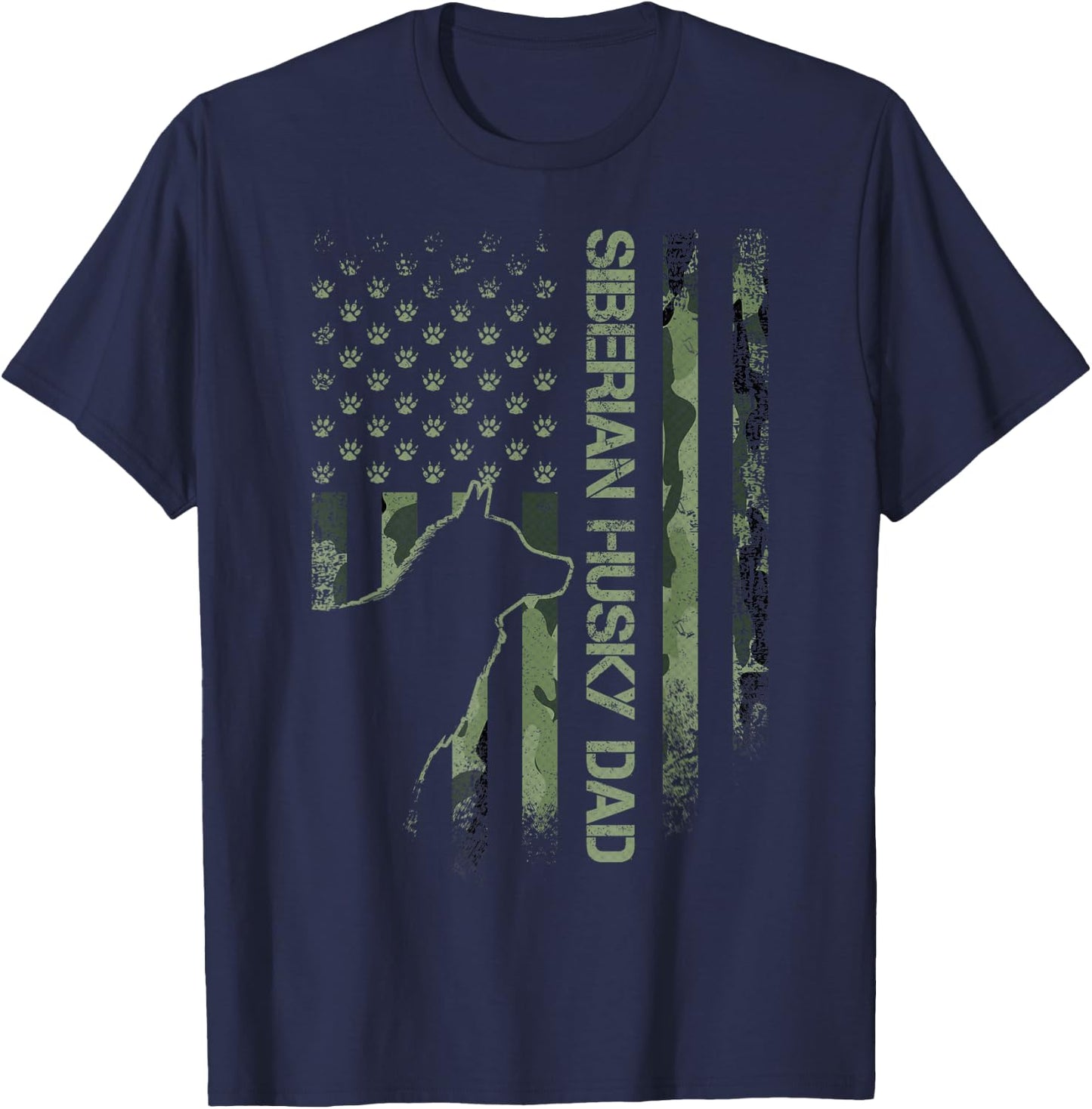 Vintage USA Camo Flag Proud Siberian Husky Dad Silhouette T-Shirt - T-Shirt | Navy