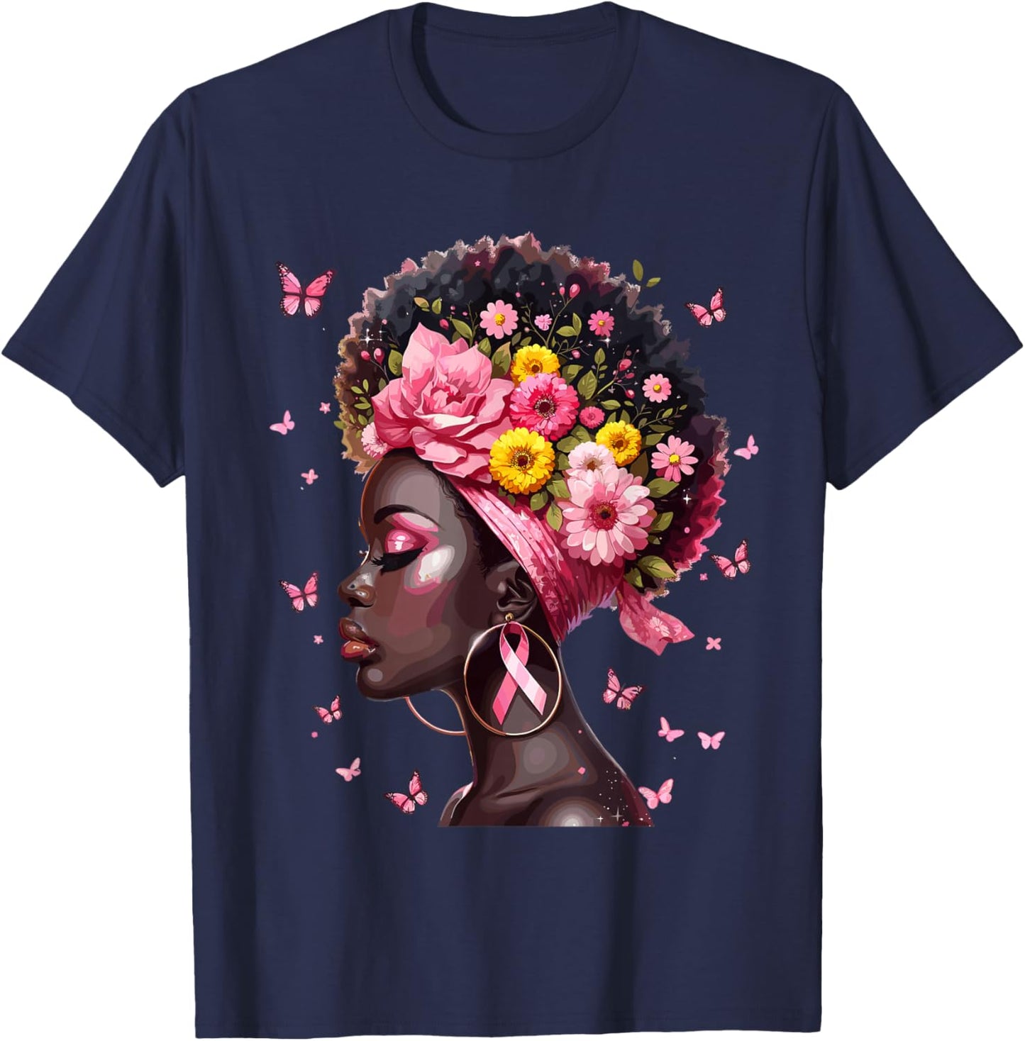In October We Wear Pink Black Woman Breast Cancer Awareness T-Shirt - T-Shirt | Navy