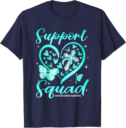Support Squad Heart Christian Cross Ovarian Cancer Awareness T-Shirt - T-Shirt | Navy