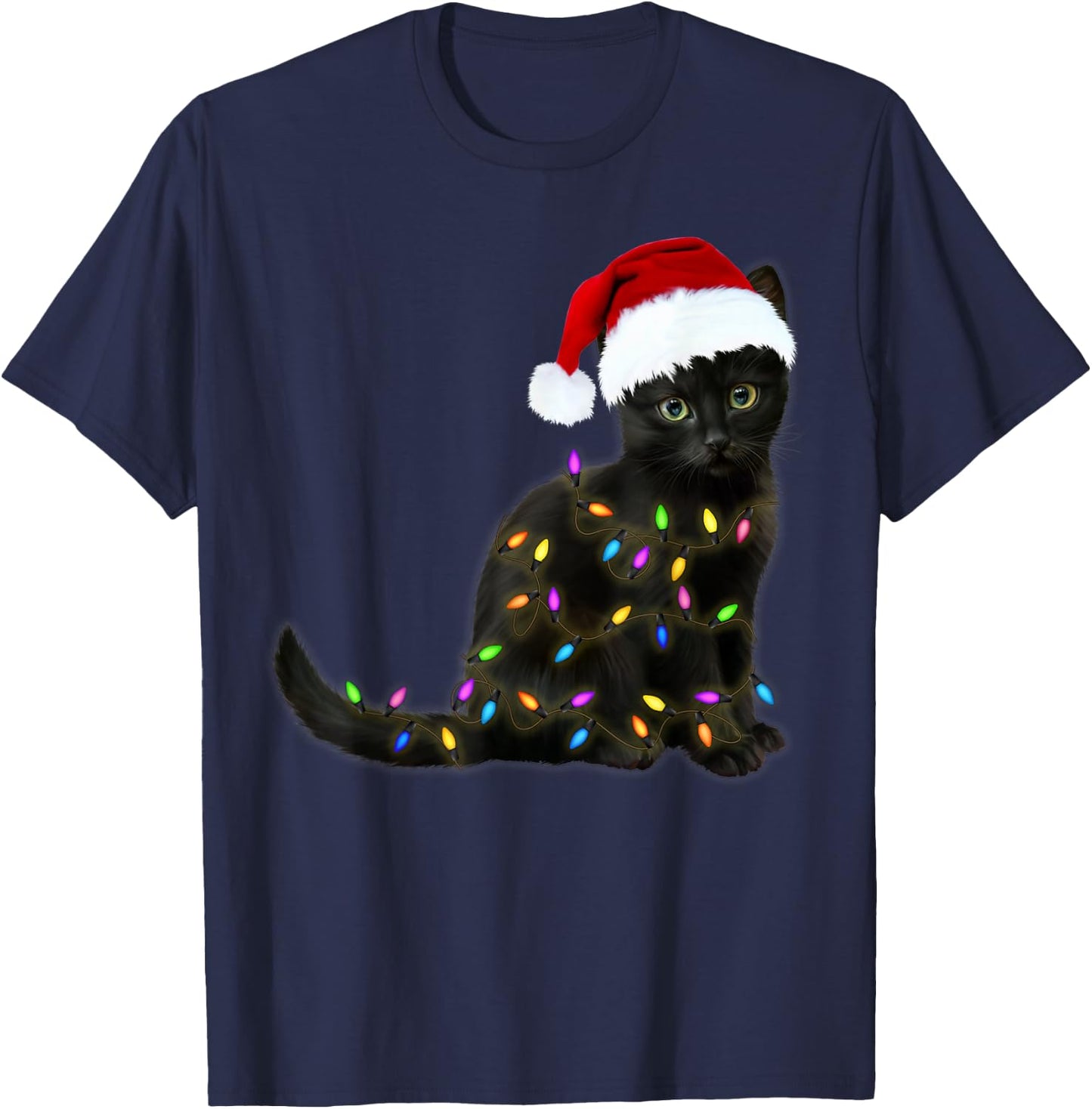 Black Cat with Christmas Light Funny Cat Lover Christmas T-Shirt - T-Shirt | Navy