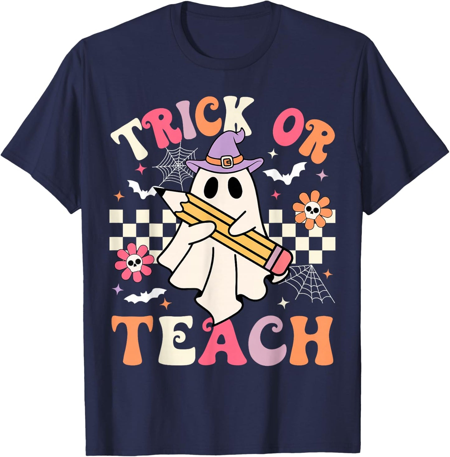 Trick Or Teach Groovy Teacher Halloween Retro Floral Ghost T-Shirt - T-Shirt | Navy
