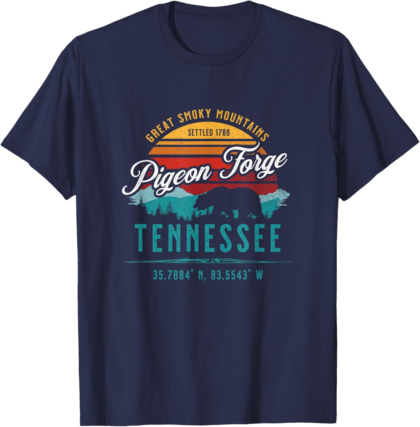 Pigeon Forge Tennessee Great Smoky Mountains Bear Retro Sun T-Shirt - T-Shirt | Navy