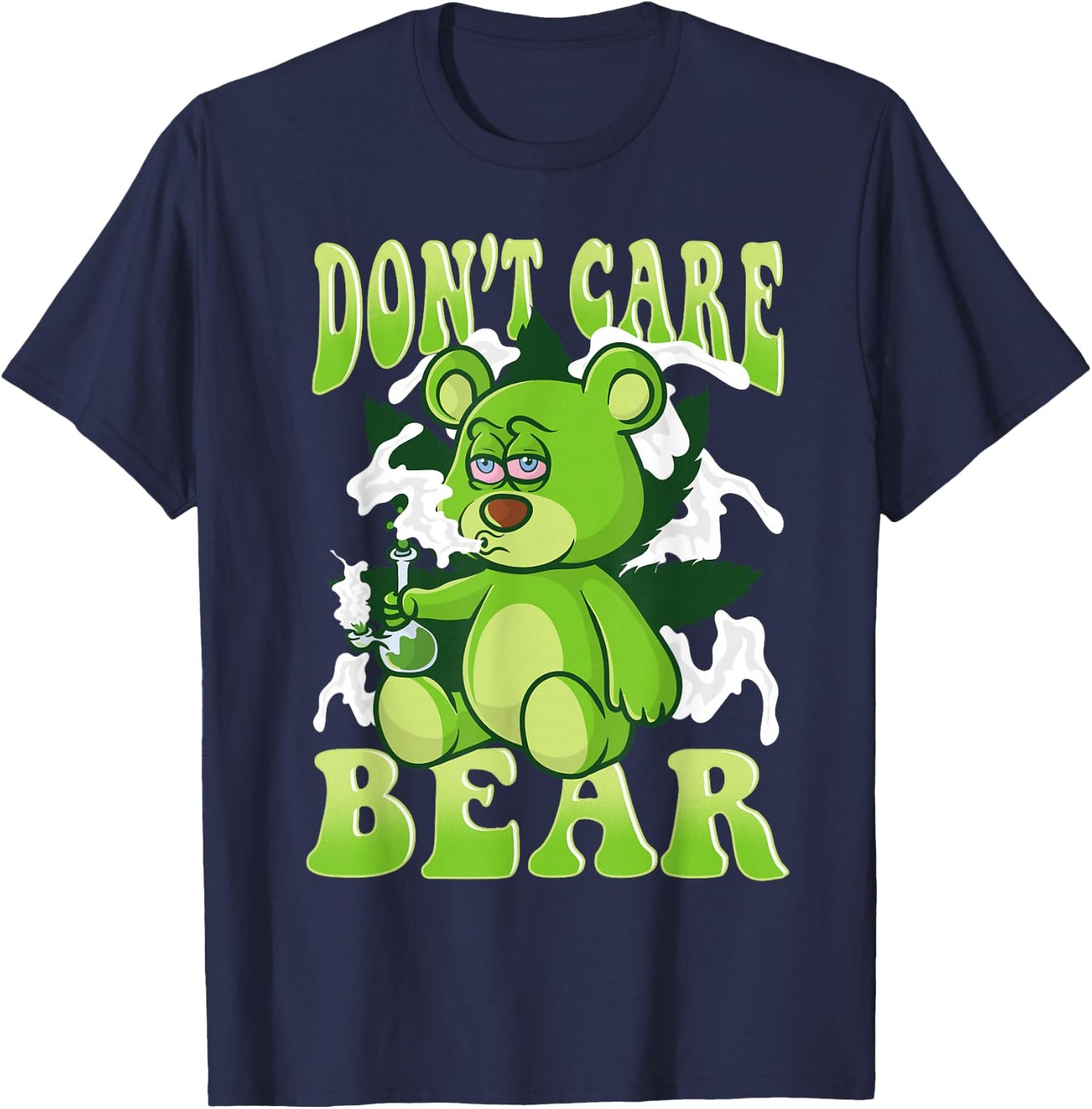 Stoned Bear Smoking Weed Holding Bong Don't Care Marijuana T-Shirt - T-Shirt | Navy