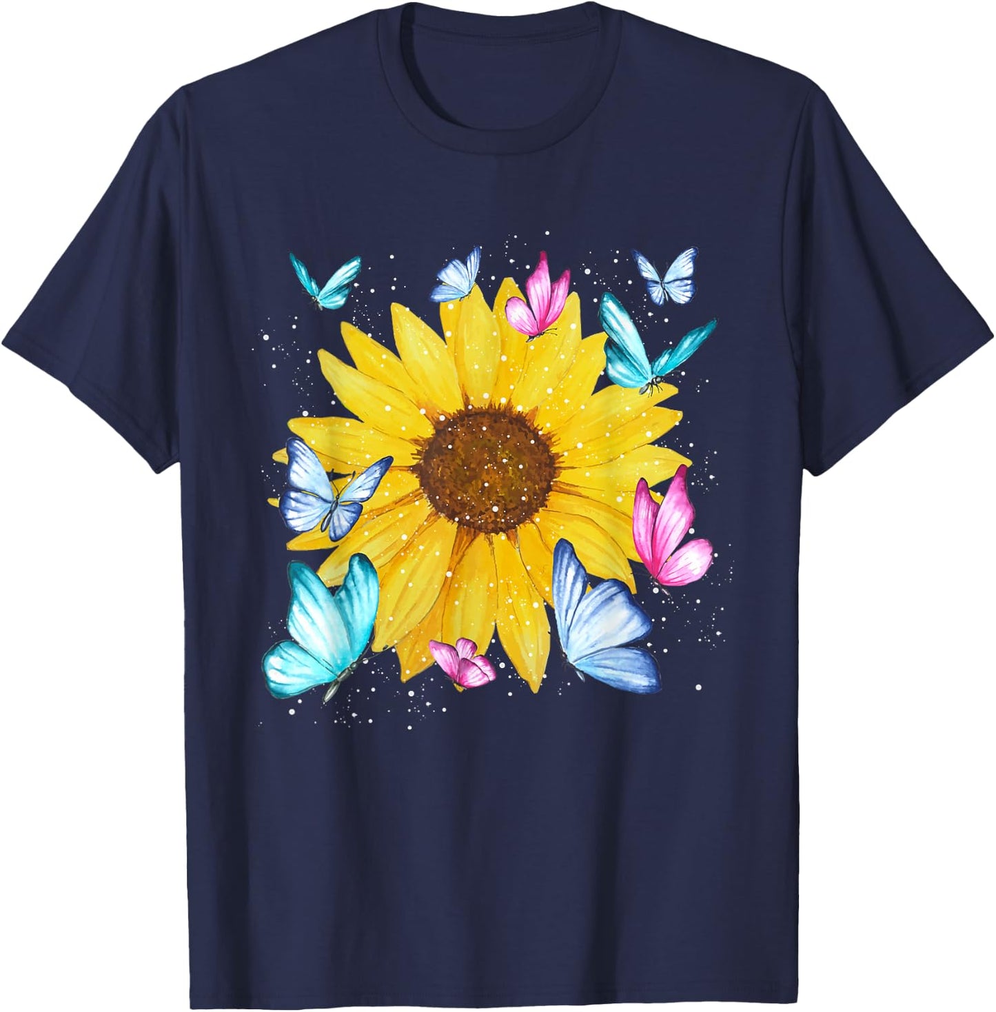 Beautiful Nature Yellow Flowers Florist Butterfly Sunflower T-Shirt - T-Shirt | Navy