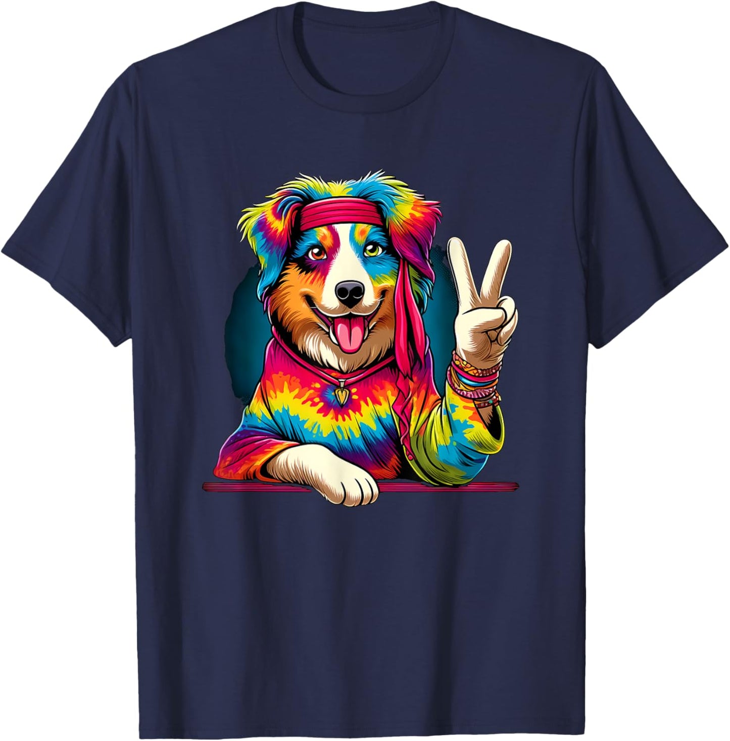Peace Sign Tie Dye Australian Shepherd dog T-Shirt - T-Shirt | Navy