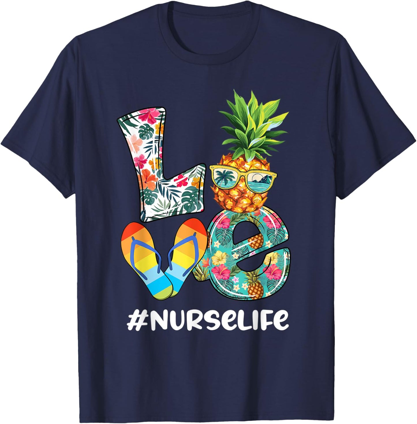 Cute Love Summer Pineapple Tropical Flip Flop Nurse Life Men Women Kids T-Shirt - T-Shirt | Navy