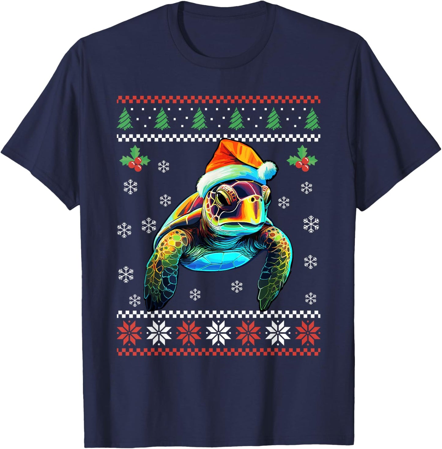Sea Turtle Ugly Christmas Sweater Xmas For Adults Kids T-Shirt - T-Shirt | Navy