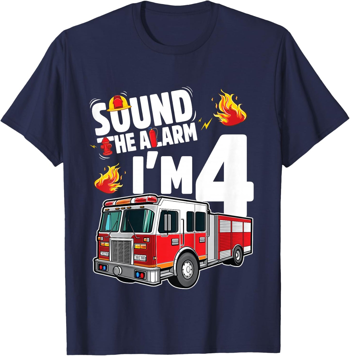Fire Truck 4th Birthday Boy Firefighter 4 Year Old T-Shirt - T-Shirt | Navy