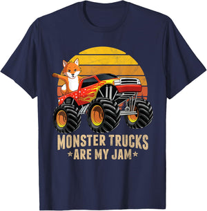 Vintage Fox Monster Truck Are My Jam Retro Sunset Boys Gift T-Shirt - T-Shirt | Navy