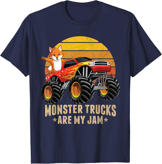 Vintage Fox Monster Truck Are My Jam Retro Sunset Boys Gift T-Shirt - T-Shirt | Navy