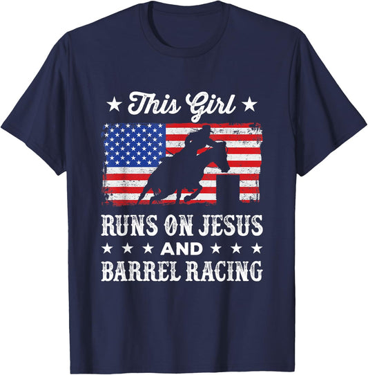 This Girl Runs on Jesus and Barrel Racing American Flag T-Shirt - T-Shirt | Navy