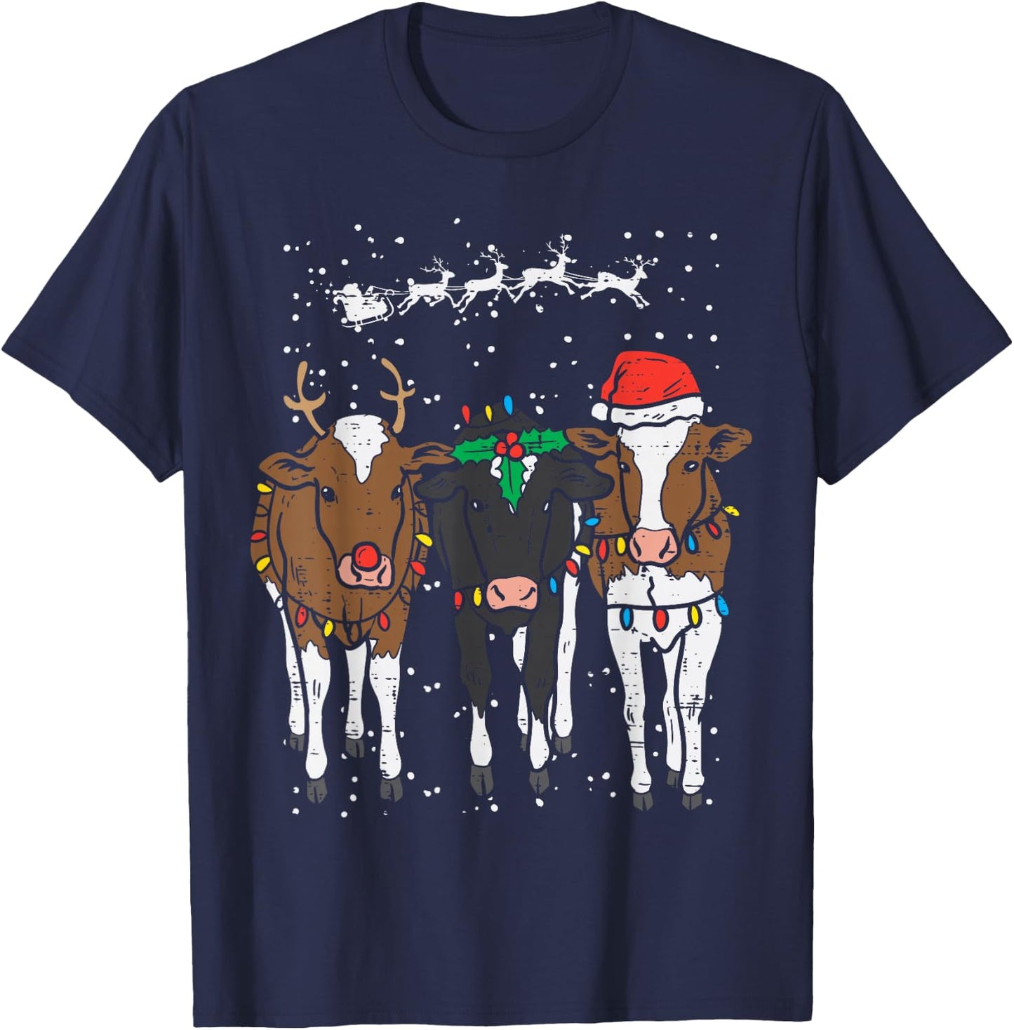 Reindeer Santa Cows Funny Farm Christmas Animal Lover PJ T-Shirt - T-Shirt | Navy