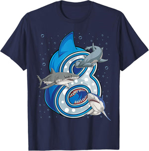 8th Birthday Boys Shark 8 years Old Ocean Shark B-day T-Shirt - T-Shirt | Navy