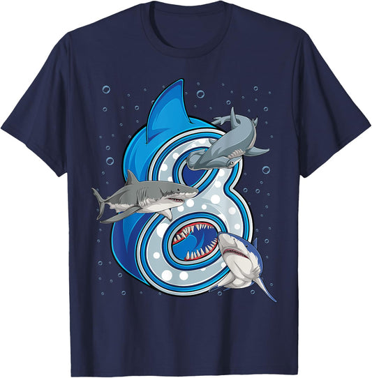 8th Birthday Boys Shark 8 years Old Ocean Shark B-day T-Shirt - T-Shirt | Navy