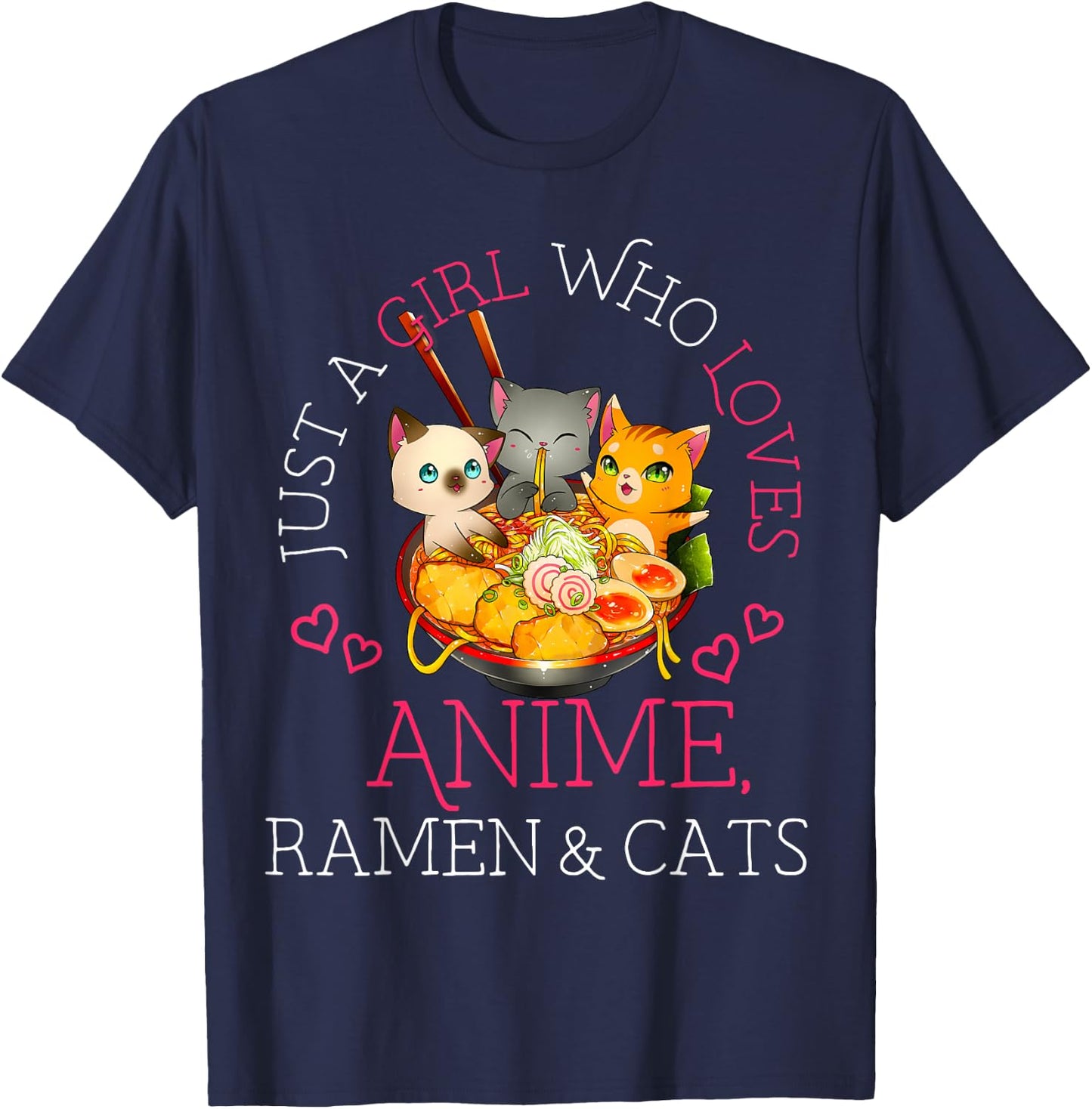 Just a Girl Anime Ramen and Cats Gift Manga T-Shirt - T-Shirt | Navy