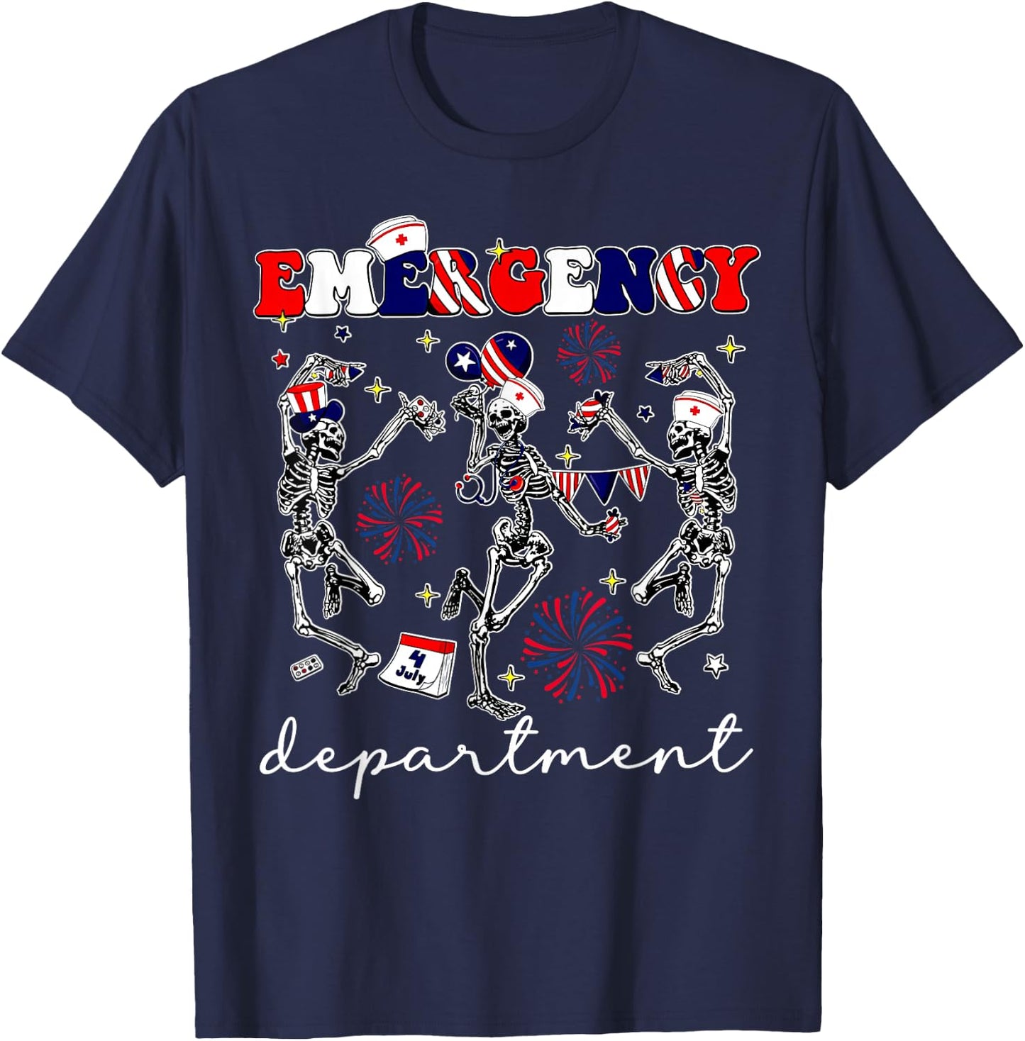 Emergency Department Skeleton Dancing ER Nurse 4th Of July T-Shirt - T-Shirt | Navy