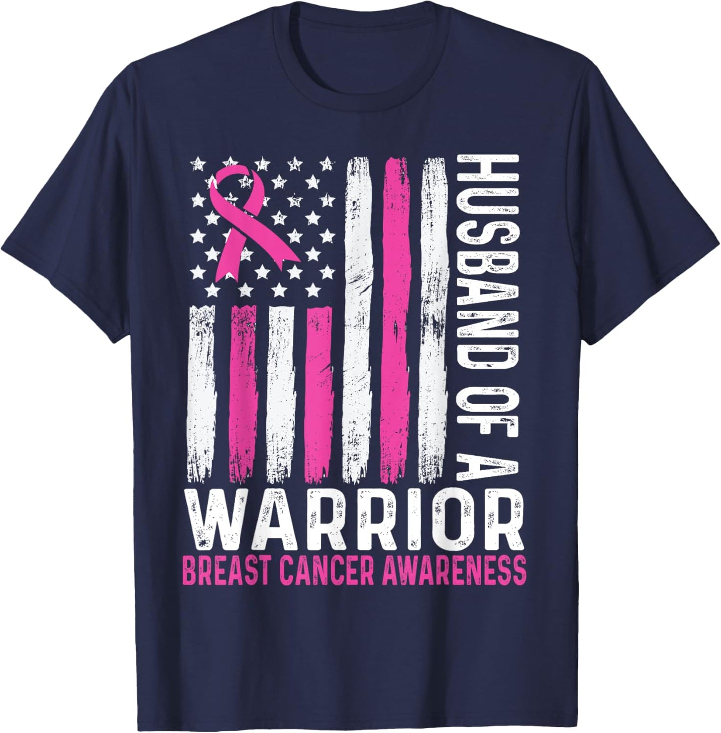 Husband of a Warrior Cancer USA American Flag Breast Cancer T-Shirt - T-Shirt | Navy
