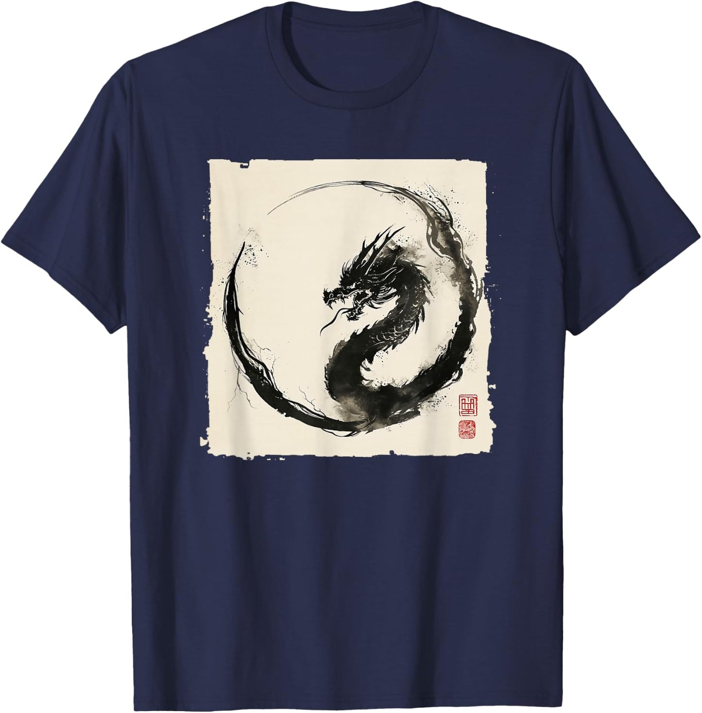 Eastern Dragon Majesty: Vintage Ink Art Collection T-Shirt - T-Shirt | Navy
