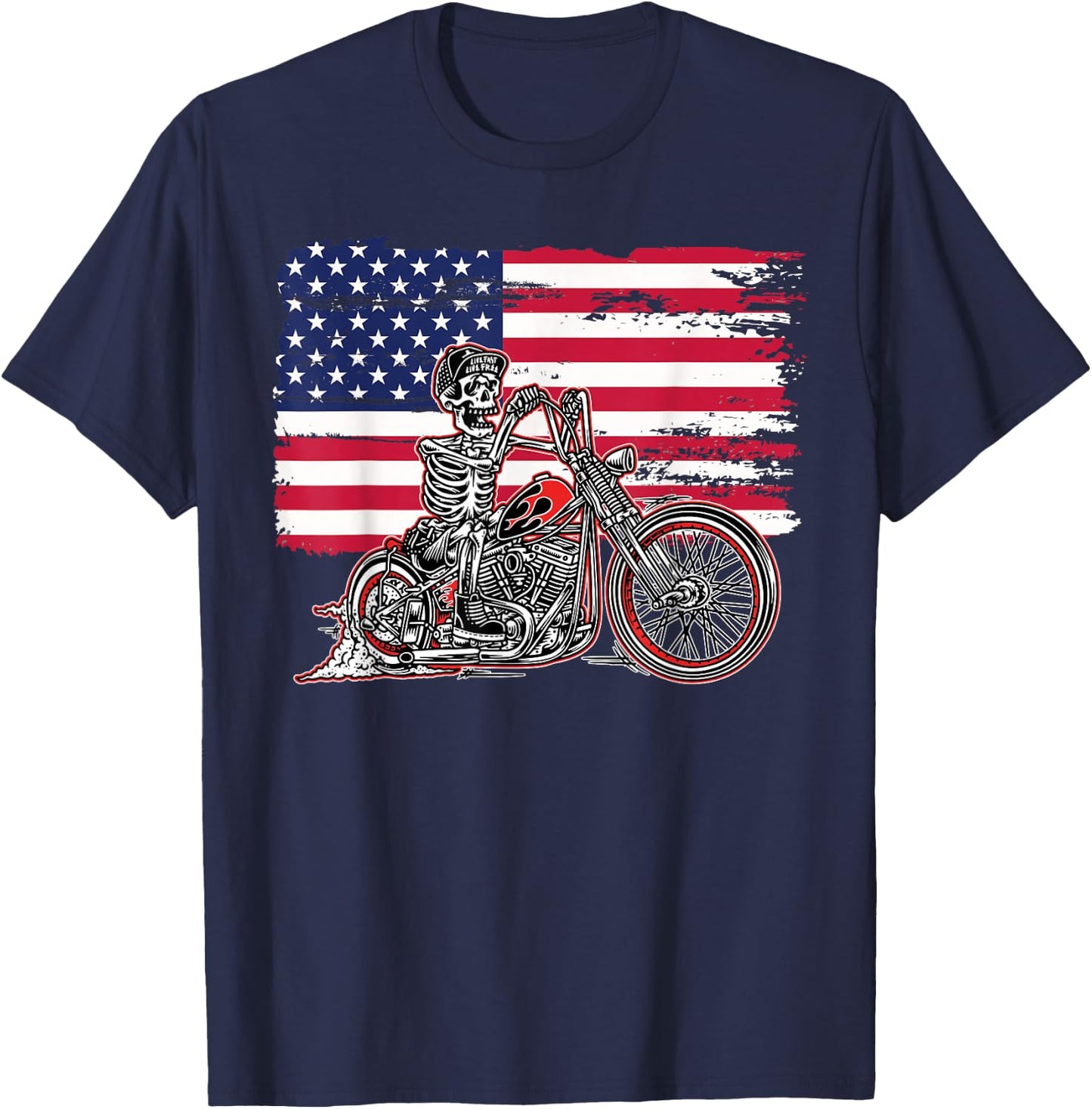 American Flag Motorcycle Skeleton Biker Bobber Chopper Rider T-Shirt - T-Shirt | Navy