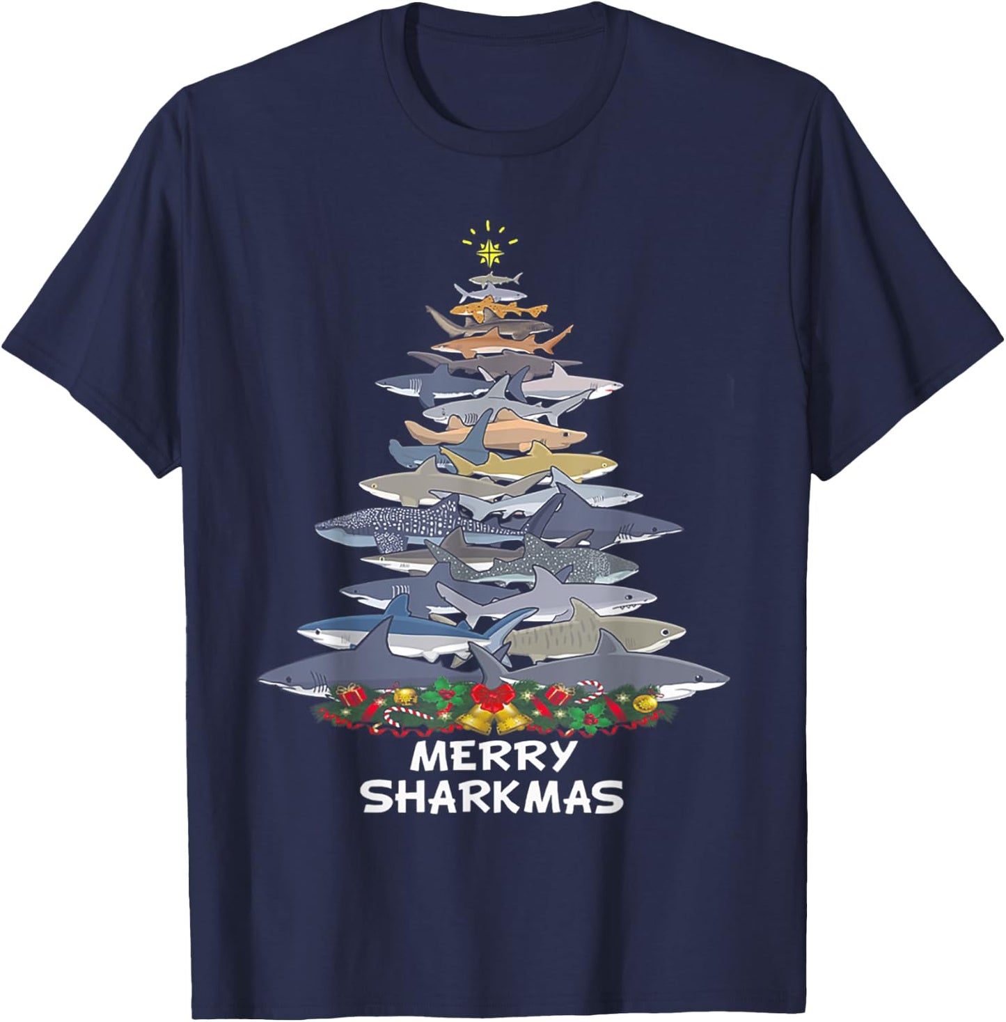 Merry Sharkmas Funny Shark Tree Xmas T-Shirt - T-Shirt | Navy