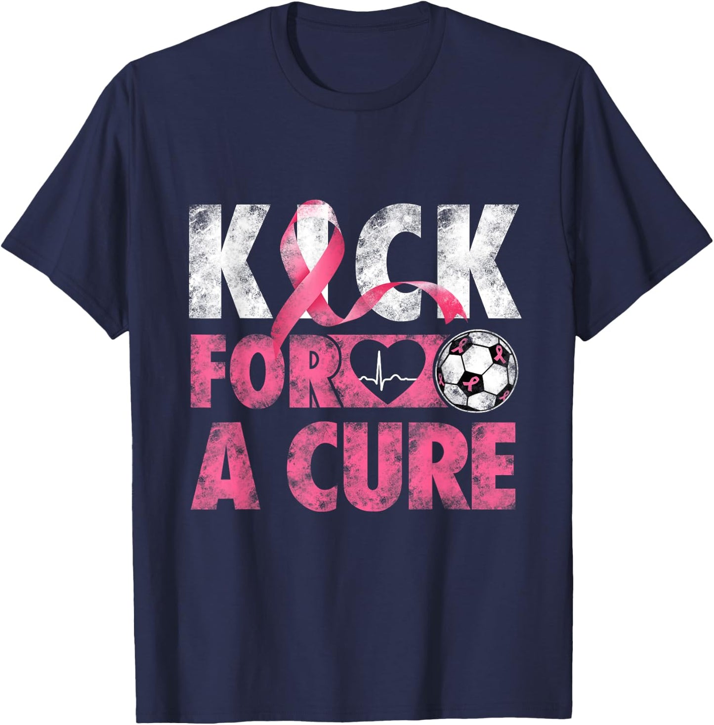 Kick For a Cure Breast Cancer Awareness Pink Ribbon Soccer T-Shirt - T-Shirt | Navy