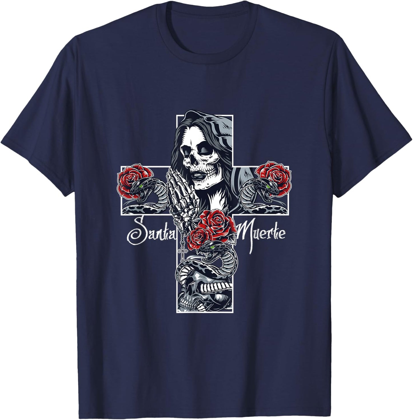 Skull Santa Muerte Cross T-Shirt - T-Shirt | Navy