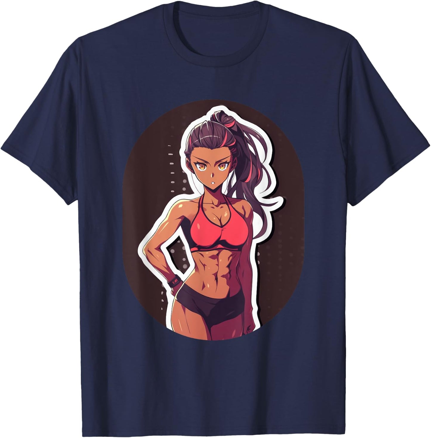 Dark Skin Anime & Manga Style Gym Girl Posing in Gym Clothes T-Shirt - T-Shirt | Navy