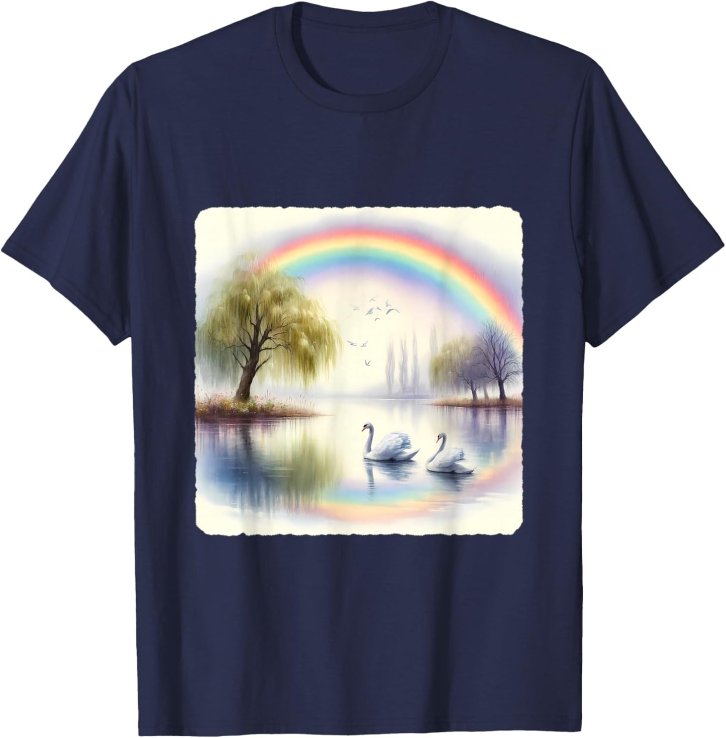Rainbow Over Swan Lake With Swans. Willow Trees Peaceful T-Shirt - T-Shirt | Navy
