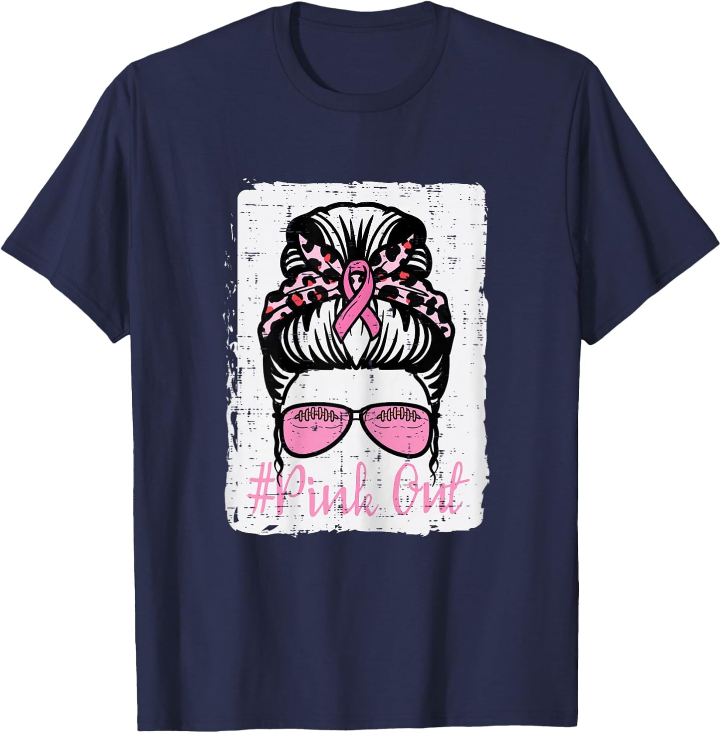 Breast Cancer Messy Bun Pink Out Football Awareness Women T-Shirt - T-Shirt | Navy