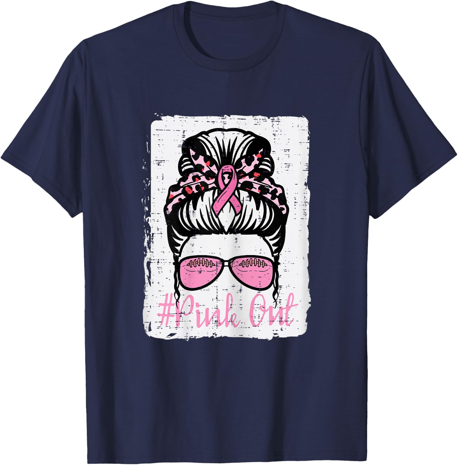 Breast Cancer Messy Bun Pink Out Football Awareness Women T-Shirt - T-Shirt | Navy