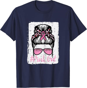 Breast Cancer Messy Bun Pink Out Football Awareness Women T-Shirt - T-Shirt | Navy