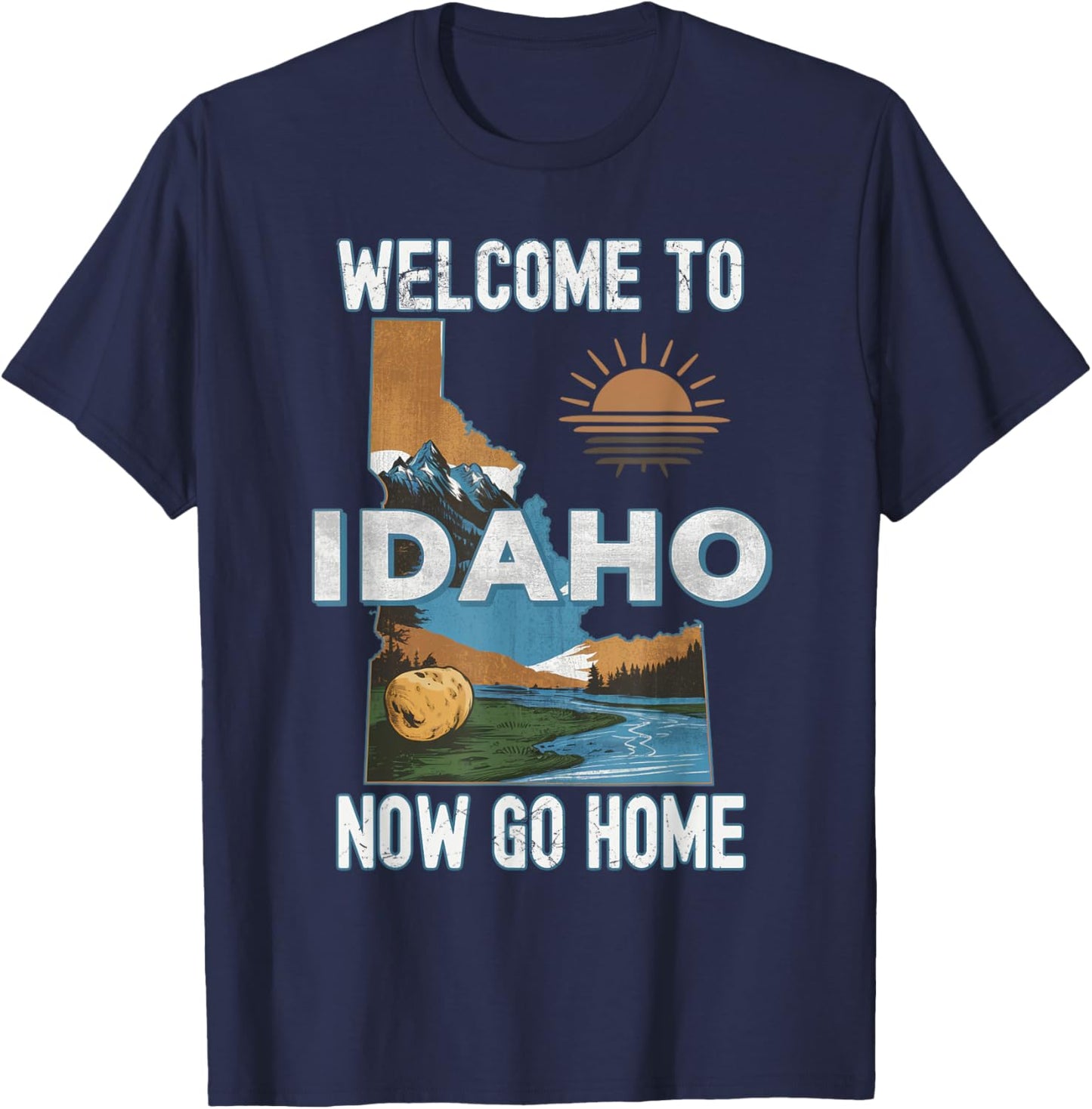 Funny State Pride Souvenir Apparel Funny Welcome To Idaho Retro Design, Idaho Proud Sarcastic , Black, Small, -Adults, Kids, Short Sleeve, Retro, Cotton Blend T-Shirt - T-Shirt | Navy
