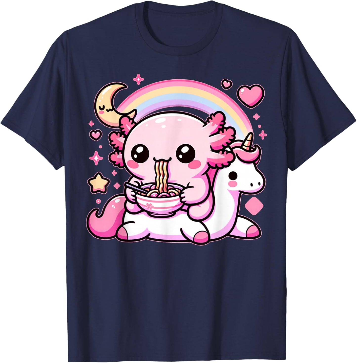 Anime Kawaii Axolotl Eating Ramen Noodles Kids Teen Girl Boy T-Shirt - T-Shirt | Navy