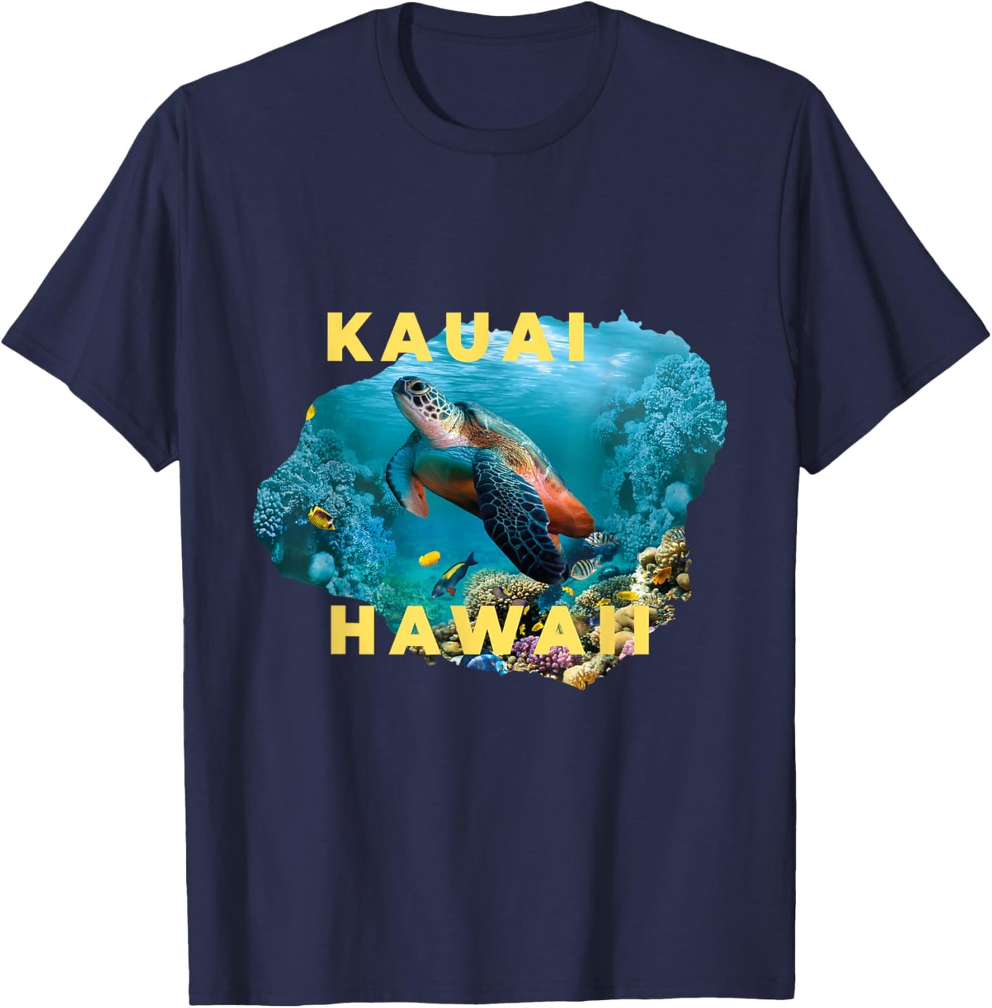 Sea Turtle Inside Kauai Island Map Hawaii Scuba Diving Surf T-Shirt - T-Shirt | Navy