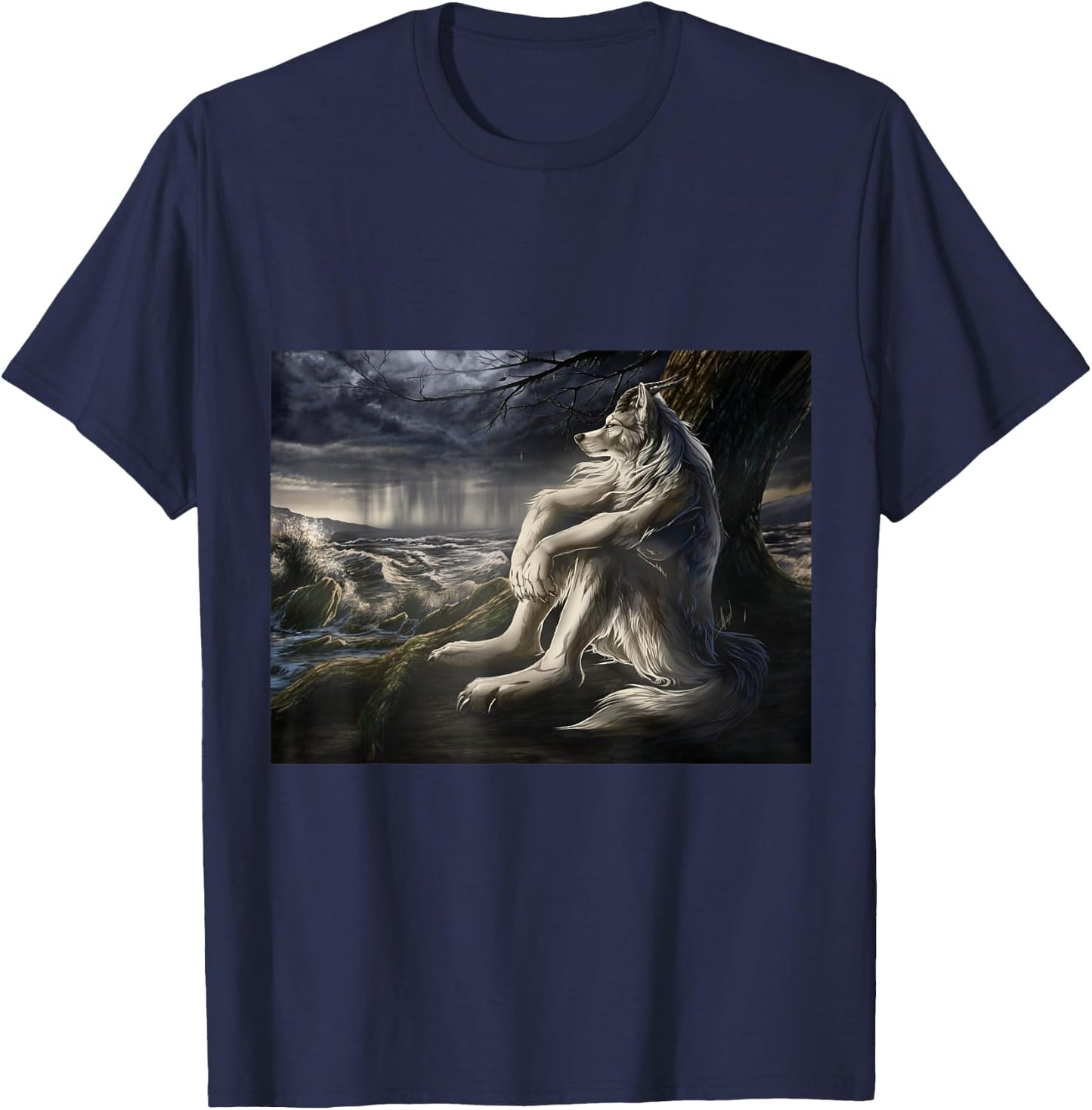 Wolf sitting under tree meme T-Shirt - T-Shirt | Navy